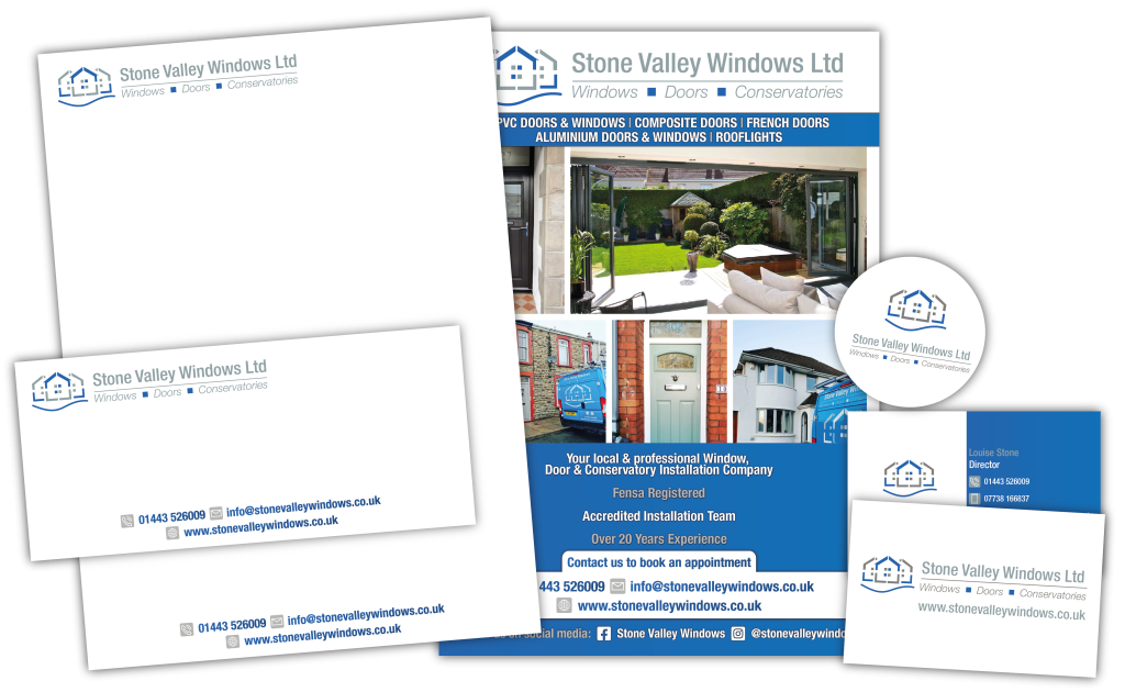 Printed items collage, business cards, leaflets, headed paper, stickers